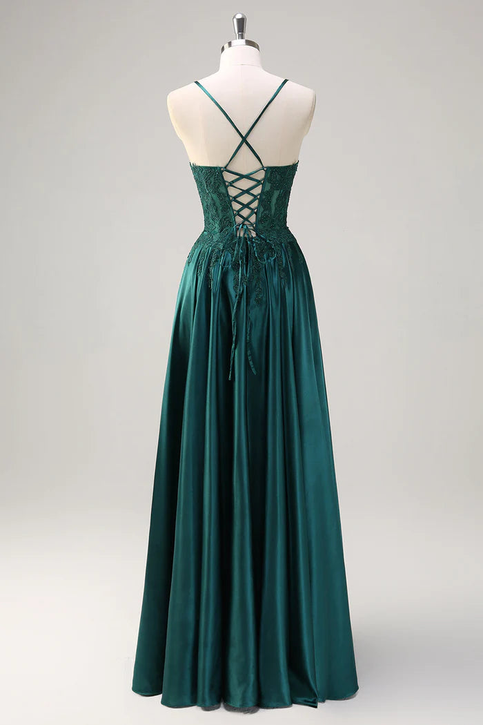 Weitese Dress Dark Green A-Line Spaghetti Straps Satin Beaded Maxi Dress Sleeveless With Appliques Prom Dress